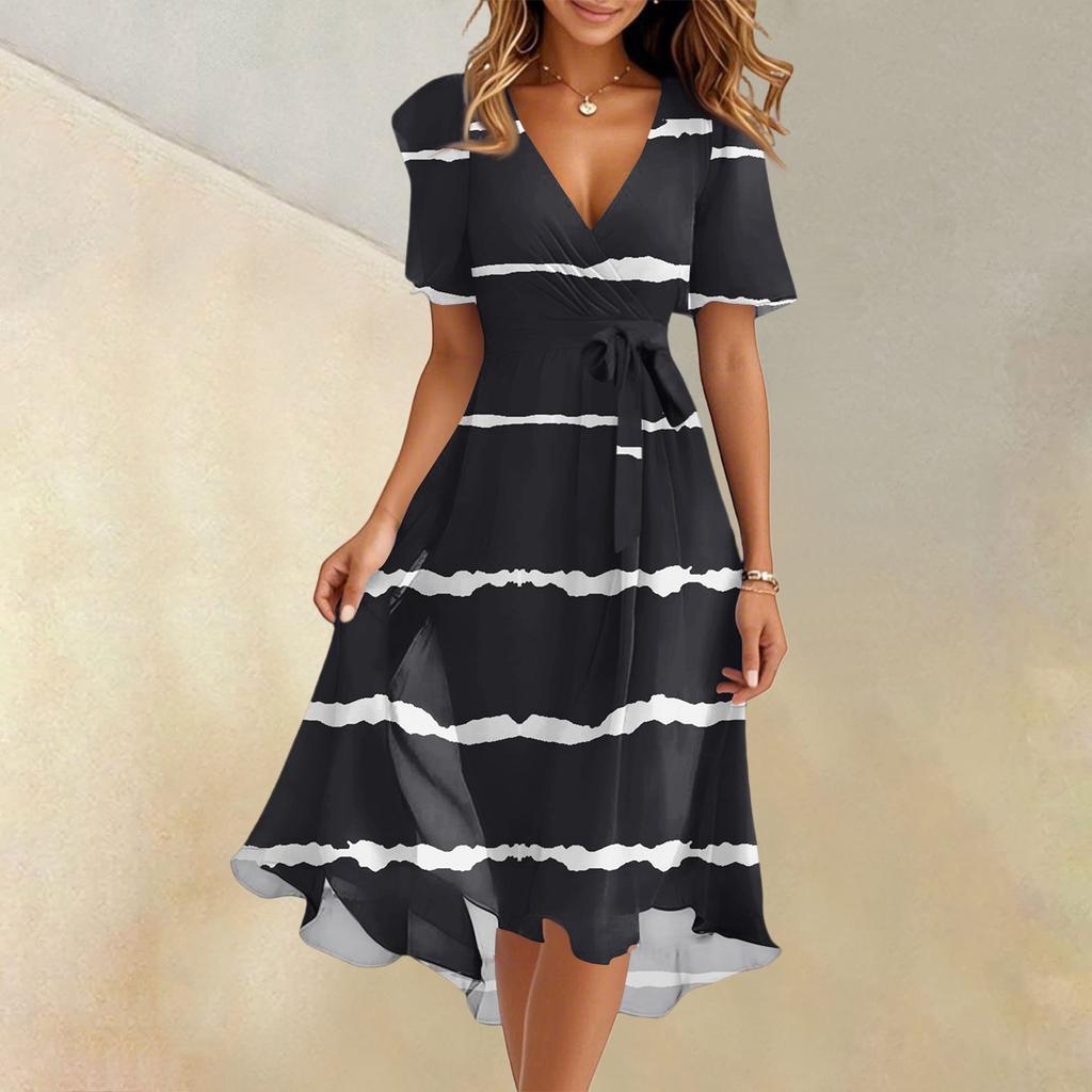 Women's Summer Fashion V-Neck Flared Dress Short Sleeve Striped Geometric Dresses
