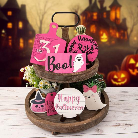 Halloween Tiered Tray Decor Set Happy Halloween Wooden Signs Cute Ghost Model Witch Spider Hat Ornaments Festive Atmosphere Decoration