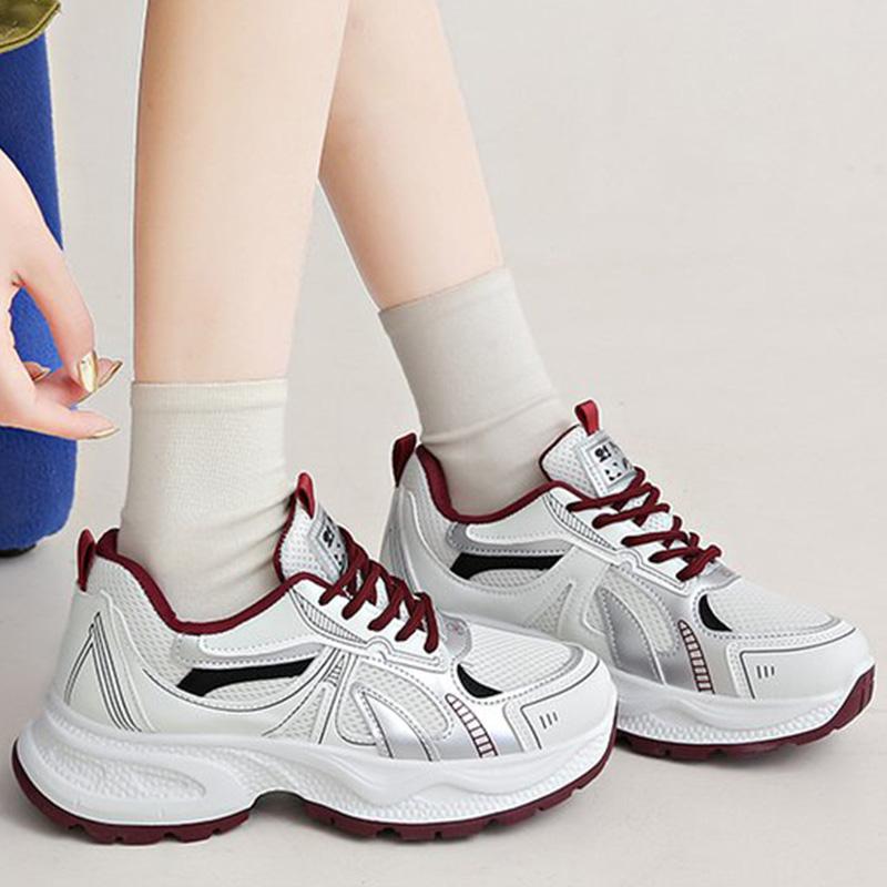 Atmungsaktive Mesh Lauf-Sneakers Damen Frühling Herbst Mode Mix Farbe Plateau Sportschuhe Frau Schnürschuhe Rutschfeste Schuhe Weiblich