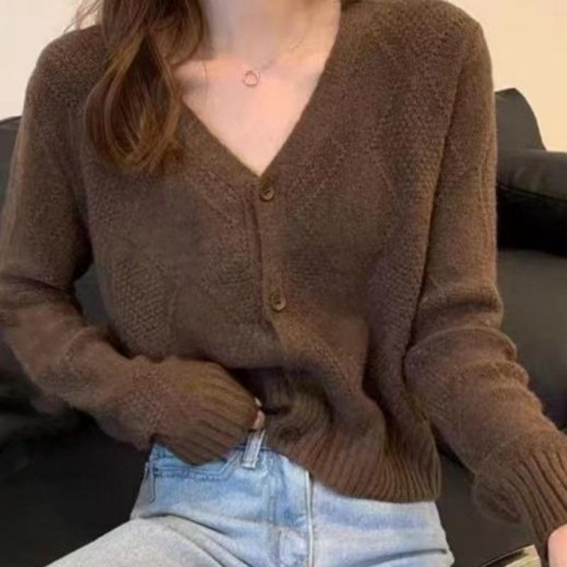 Autumn and winter new loose simple versatile knitted cardigan women's soft waxy v-neck thin long-sleeved sweater jacket trendy