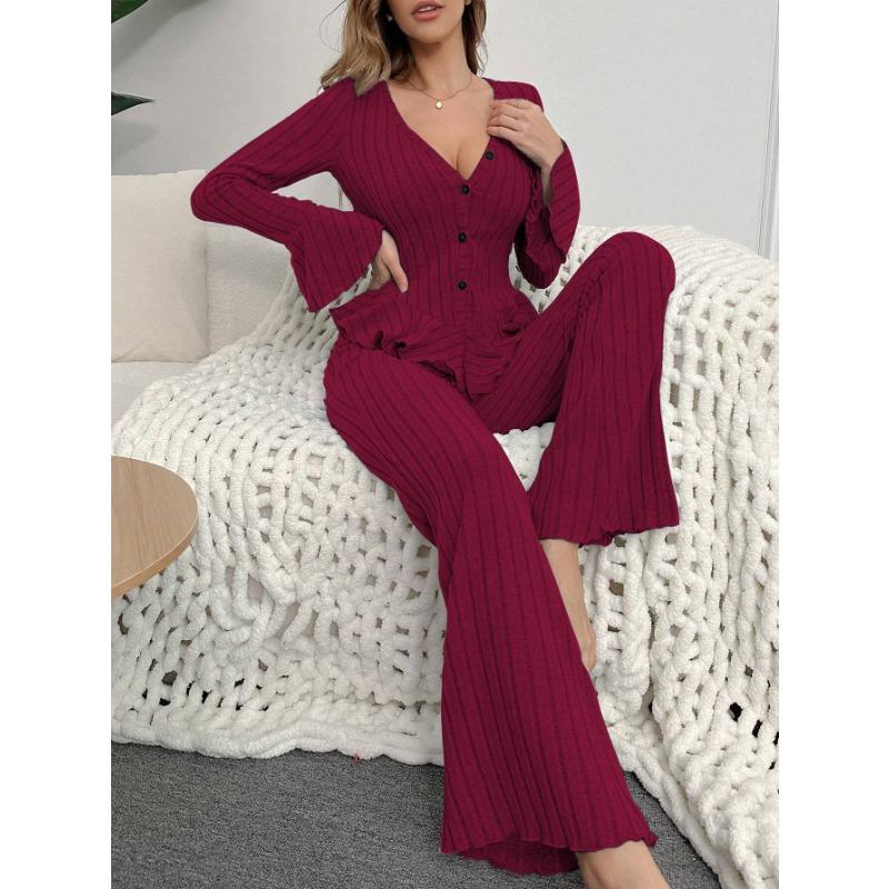 Women Fleece Ribbed Ruffle V Neck Long Sleeve Long Pants Pajama Loungewear Set