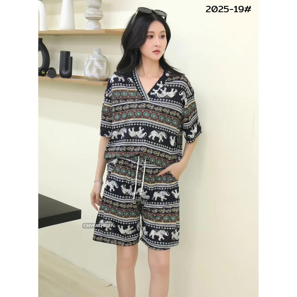 Elephant Pants Shorts Shirt Set V-neck Crop Top Short Sleeve Adjustable Elastic Waistband Strap Women Print Casual Boho Bohemian Retro Vintage