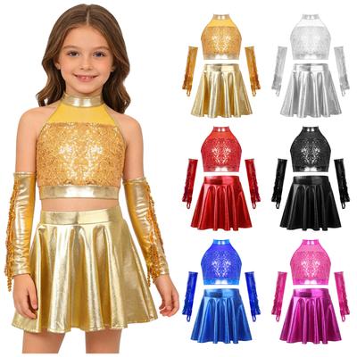 Kinder Mädchen Jazz Tanz Outfit Ärmellos Schlüsselloch Rücken Glitzernde Pailletten Crop Top mit Metallischem Ausgestelltem Rock und Pailletten Fransen Handschuhe für Bühne