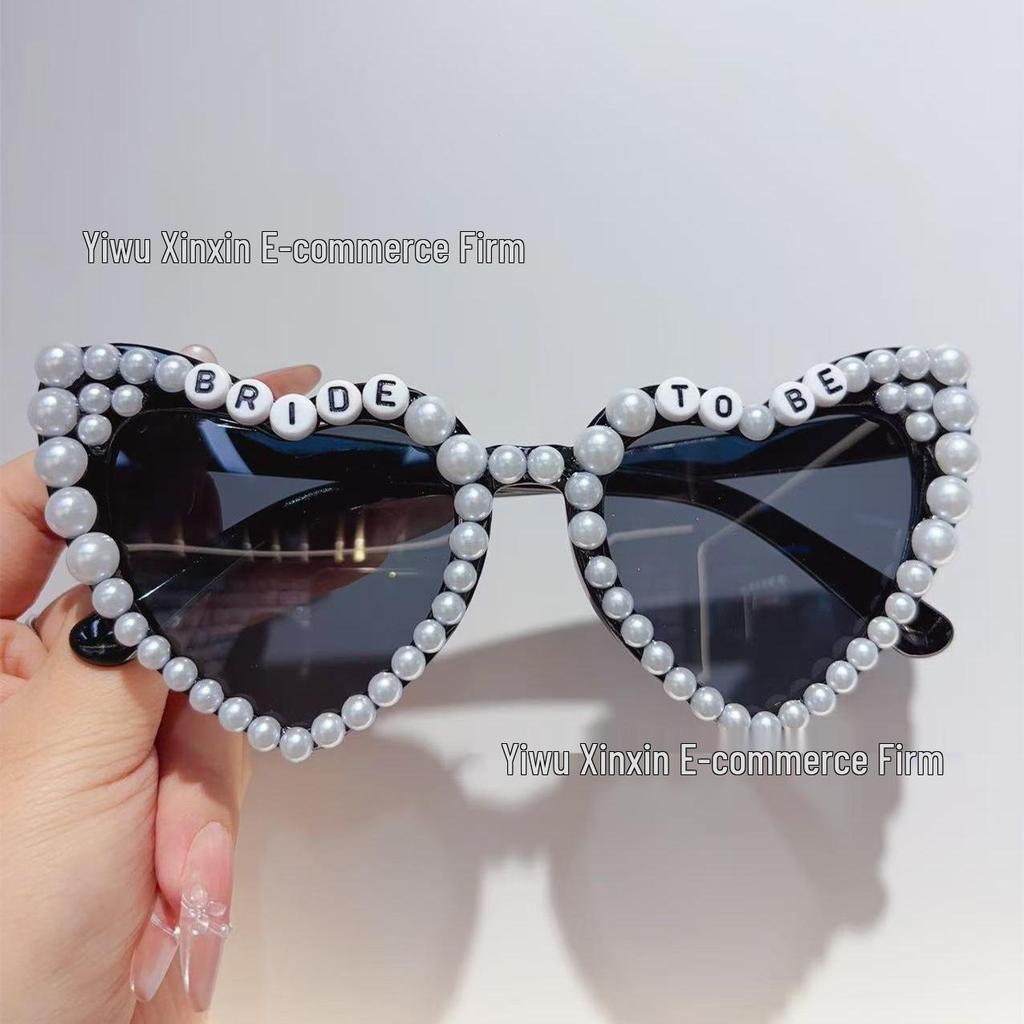 Crystal Heart Bride Sunglasses with Rhinestones & Pearls - Women's Bachelorette Party Accessory