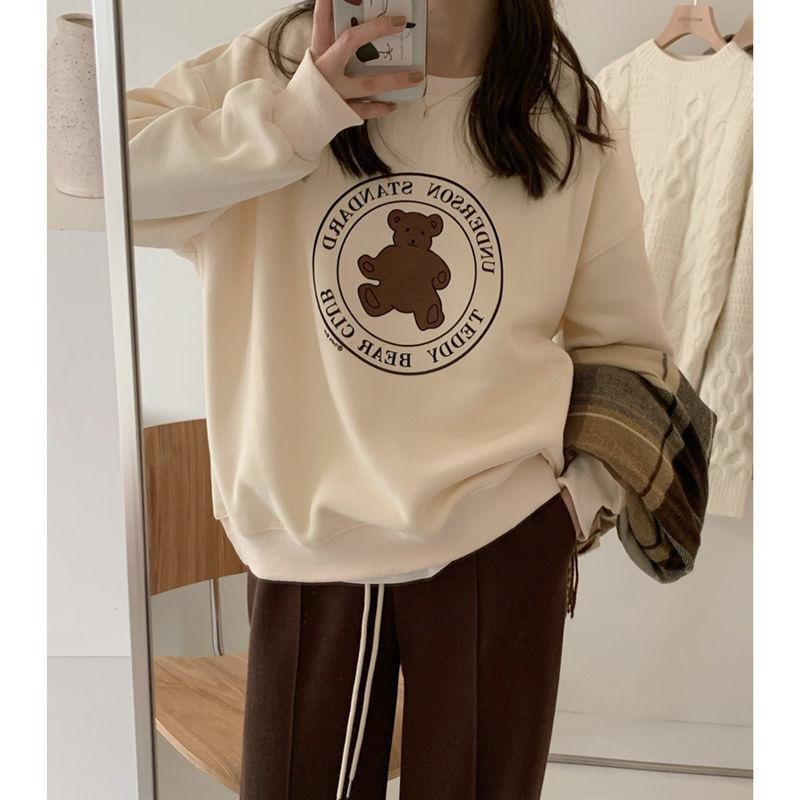 Fleece and thickened bear crew neck sweater women's 2025 new American retro loose pullover casual tide
