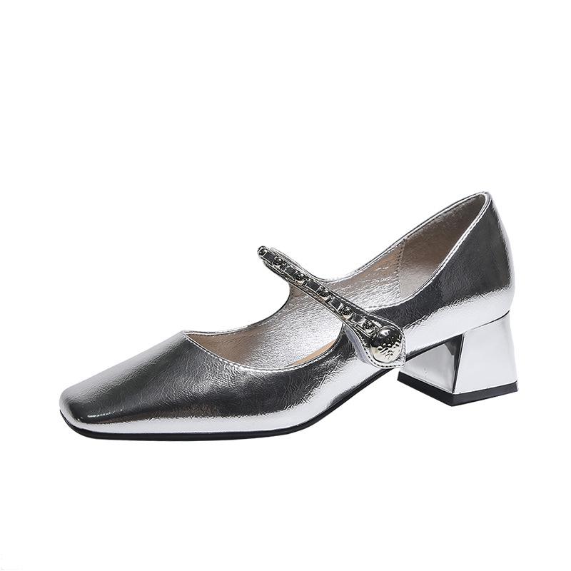BEIJIANI Damen Silberne Klobige Absatz Mary Jane Schuhe - Weiches Leder, Vielseitiges Design, Eckige Zehenpartie