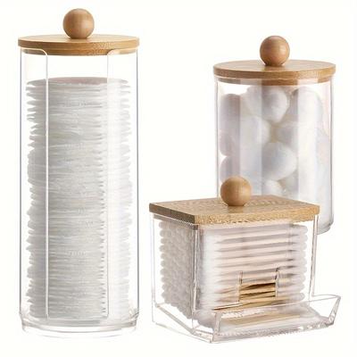 3pcs Cotton Swab Holder Bathroom Dispenser Storage Cotton Ball, Cotton Swab, Cotton Round Pads, Floss Picks - Clear Canister