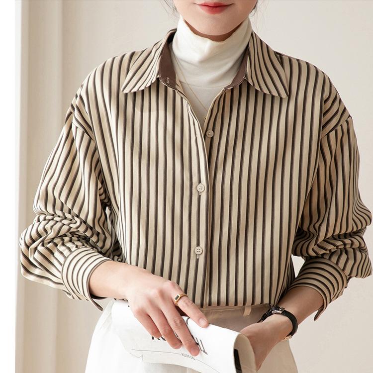 1116 Spring Trend Striped Shirt Women's Long Sleeve Design Sense Niche Retro Hong Kong Flavor Outer Shirt Women's Vertical Wear