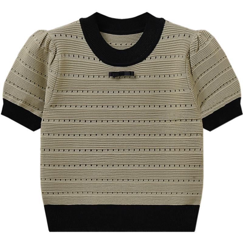 Maglione Lavorato a Maglia a Maniche Corte con Splicing a Contrasto di Colore Primavera Estate Femminile Sezione Corta Fondo Sezione Sottile Top Pullover T-shirt Casual Slim Fit