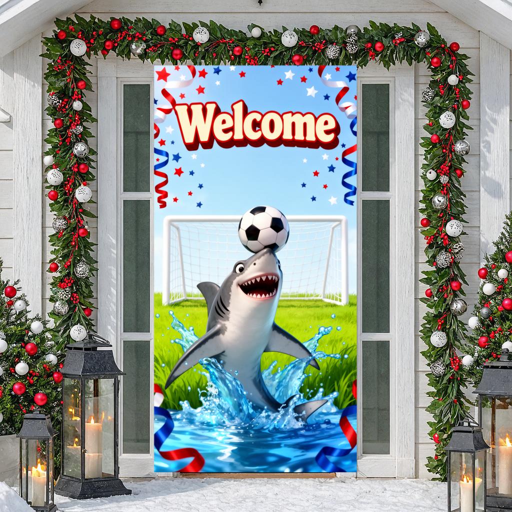 Welcome Shark Soccer Door Cover Cartoon Festive Event Banner Welcome Shark Soccer Backdrop Water Splash Effect
