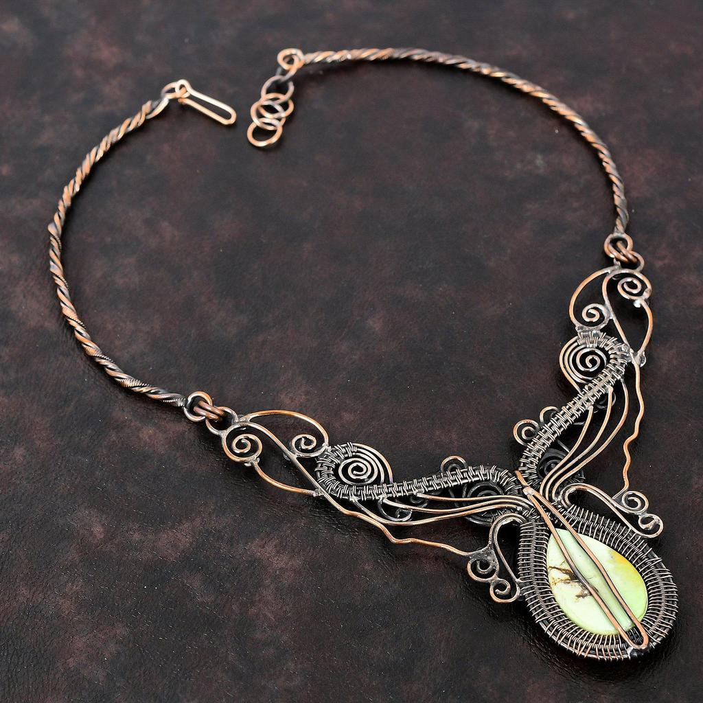 Lemon Chrysoprase Necklace Copper Wire Wrapped Necklace Handmade Copper Jewelry Adjustable Necklace Wire Wrap Gemstone Jewelry Gift For Her