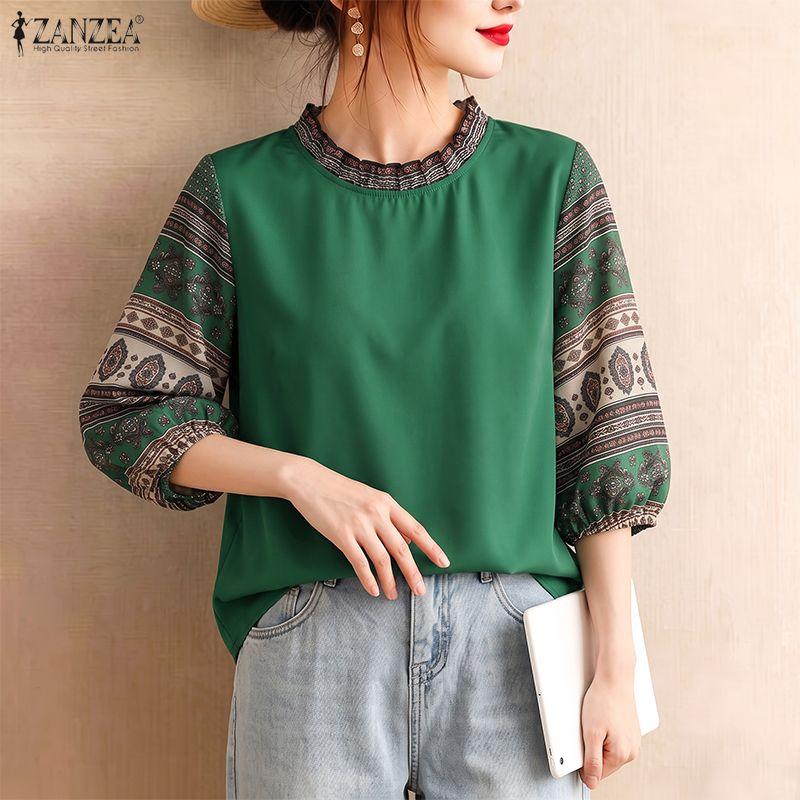 ZANZEA Women Ethnic Print Splice Round Neck Loose Half Sleeve Blouse