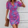 Women's Short Summer Dresses Casual Painted Prints Puffy Sleeve Wrap V Neck Dress High Waist Trendy Print Wrap Hem Beach Dress