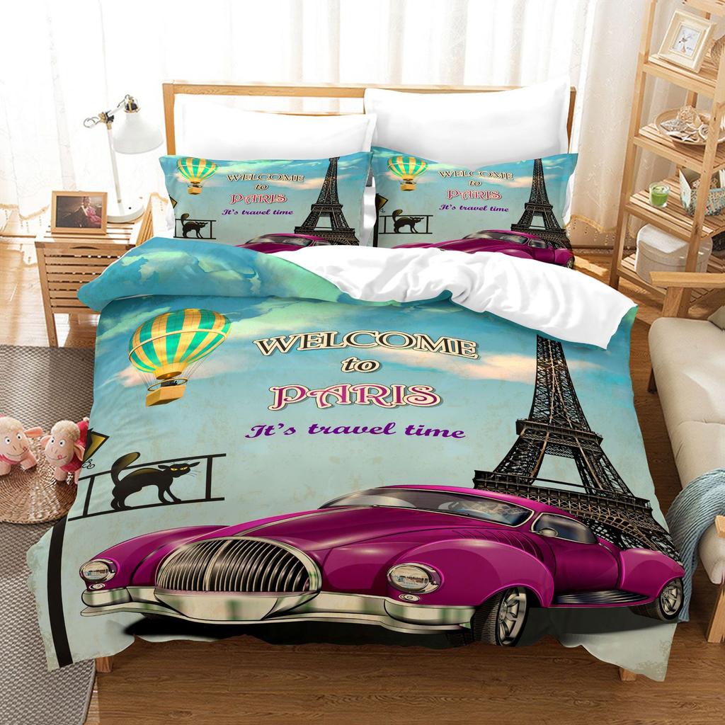 3pcs Bedding Set Hand Drawn Cars Print Duvet Cover Set Single Double King Size Bed Set for Adult Home Bedroom with Pillow Case