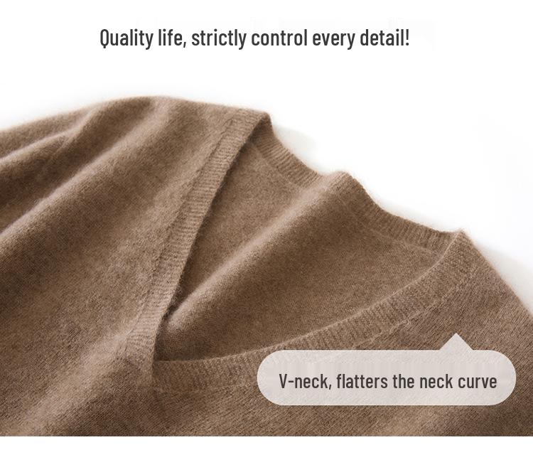 Women's V-Neck Cashmere Knit Sweater - Loose Fit, Long-Sleeve Pullover