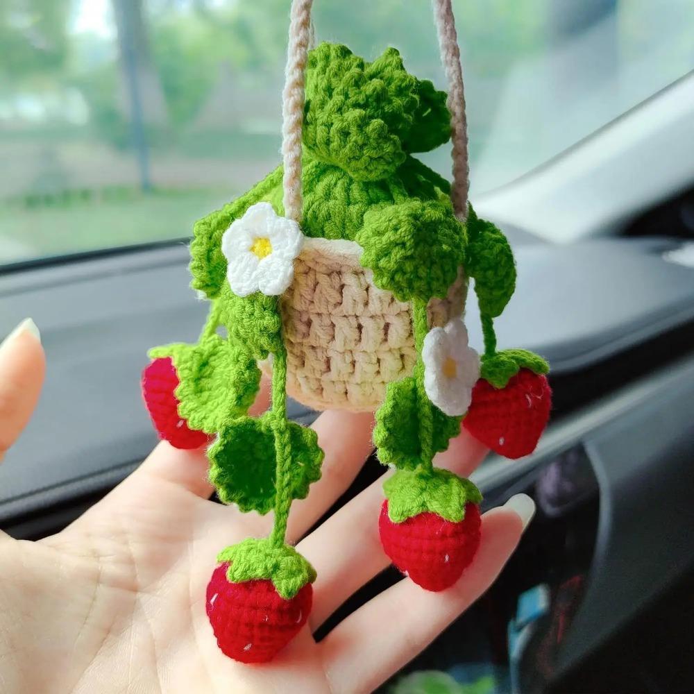 Strawberry Crochet Hanging Knitted Flower Car Mirror Hanging Accessories Cute Crochet Cars Decor Woven Plants Hanging