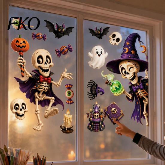 Indoor Outdoor Halloween Stickers 2 Sheets Window Clings, Cartoon Skeleton Static Stickers, Funny Classic Pattern Ghosts Bats Pumpkins for Glass Doors