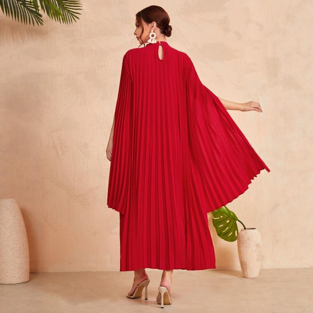 Red Pleated Long Dress Women's New European and American Style Pleated Dress Temperament Elegant Fashion Women's Clothing D