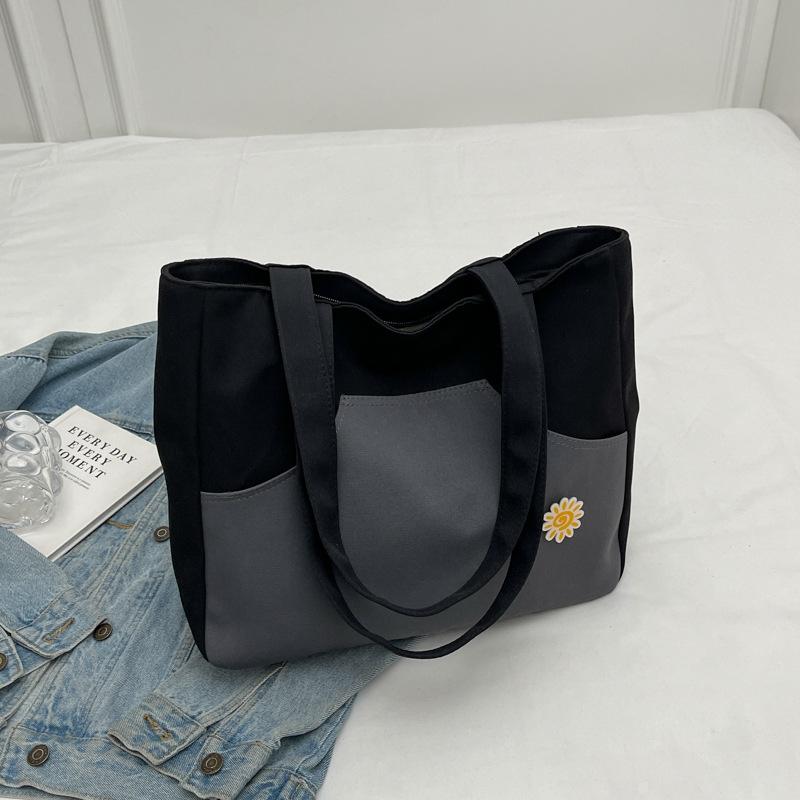 Korean Version of the New Contrasting Color Canvas Bag Large-capacity Casual Tote Bag Versatile and Lightweight College Student Class Shoulder Bag