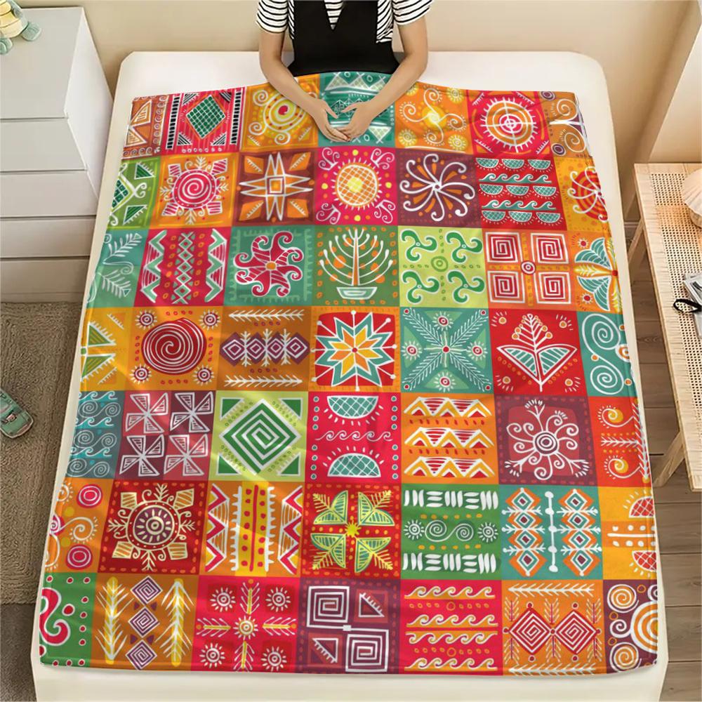 1Pc Ethnic Tribal Texture Print Flannel Blanket, High Quality Comfortable for All Seasons, Home Decor, Warmth and Comfort, Perfect for Gifts