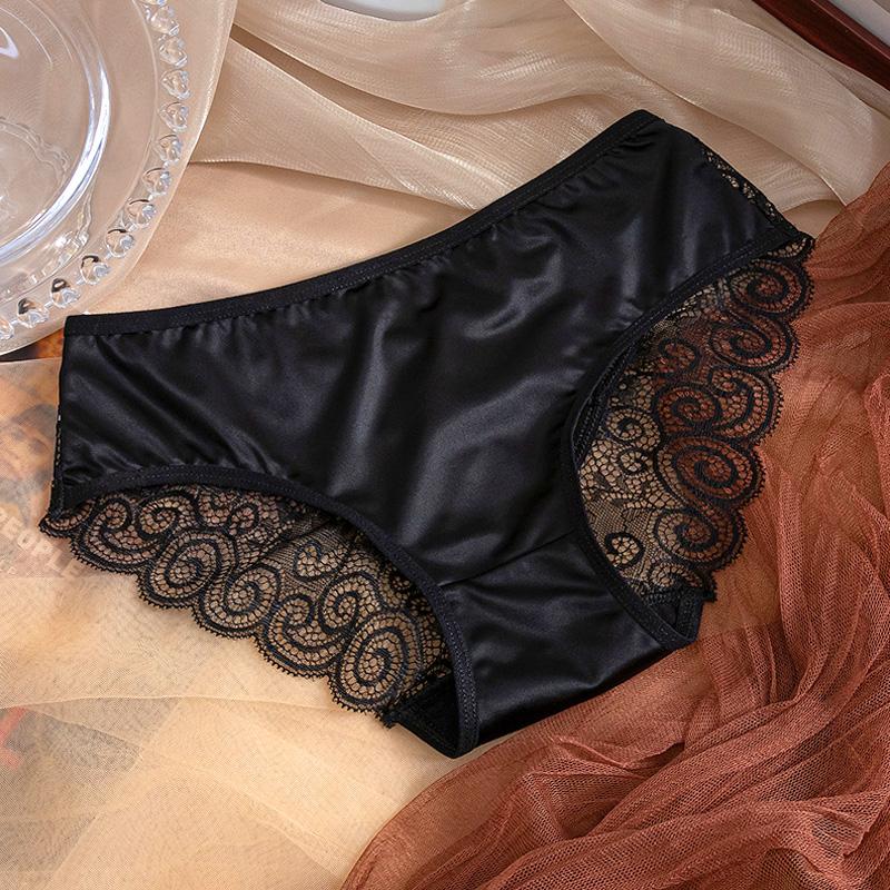 Women Bowknot Mid Waist Satin Panties Solid Color Spaghetti Strap Lace Briefs Hollow Out Seamless