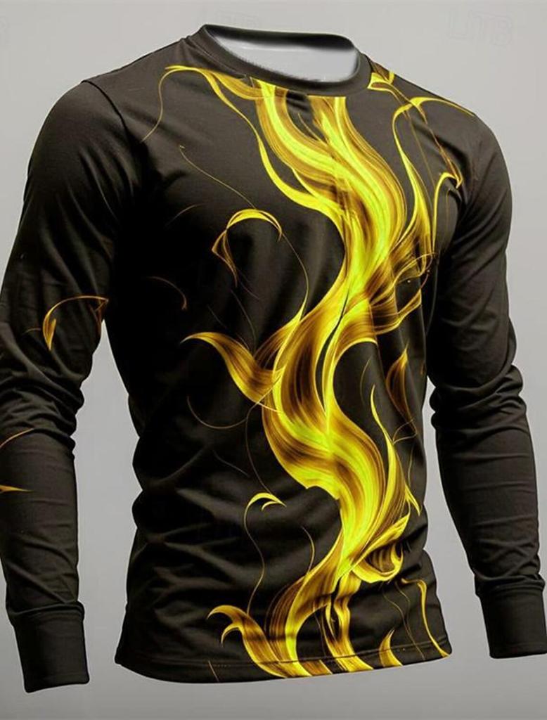 3D Printed Flame Scratch Pattern 3D Printed Autumn Men's Crew Neck T-Shirt Casual Long Sleeve Oversized Pullover Fashion Tops