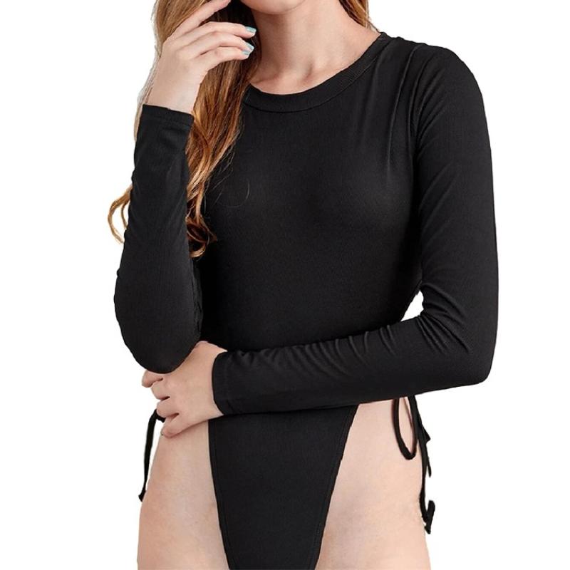 

Y2K черный сексуальный облегающий комбинезон с длинными рукавами и круглым вырезом сбоку L чёрный