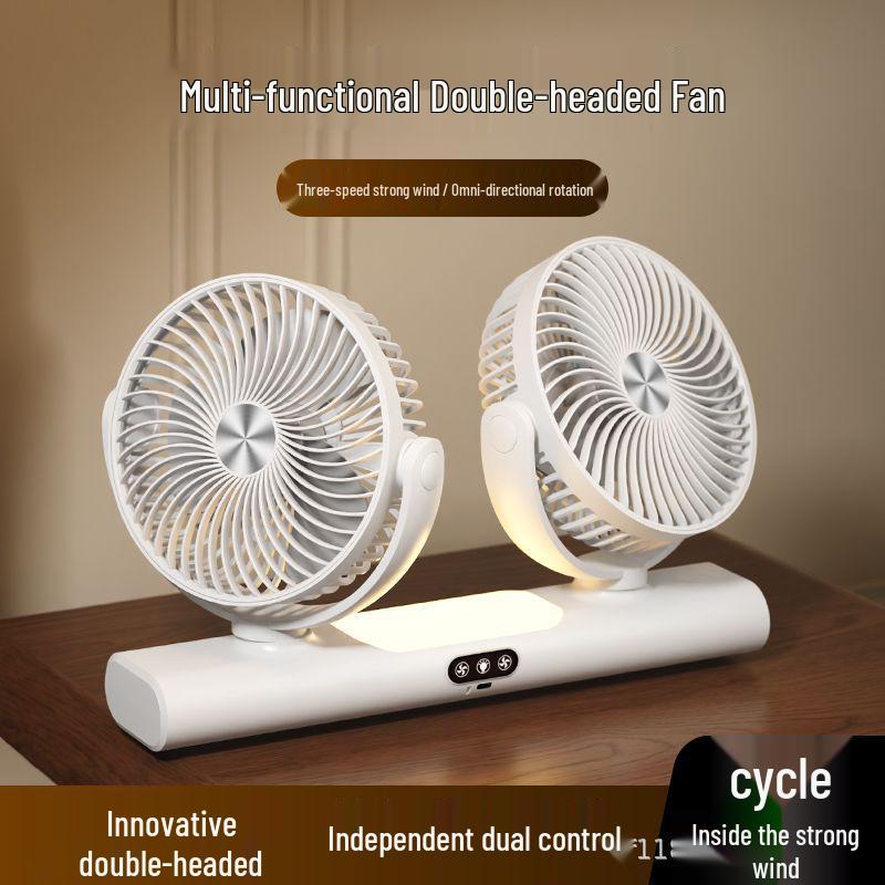 Multi-functional Dual-Head Oscillating Night Light & Silent Desktop Fan
