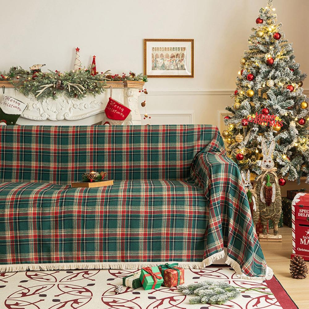 Christmas Slipcover Red Green Plaid Sofa Cover Non Slip Full Cover Fringe Retro Holiday Decor
