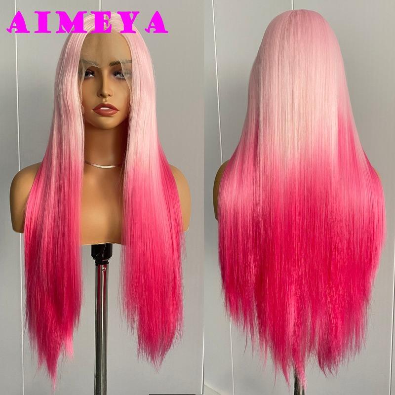 

AIMEYA Ombre Pink Wig Synthetic Long Silky Straight Lace Front Wig 13x4 Glueless Natural Hairline Daily Use Lace Wig Cosplay (as the picture,26inches&Lace Front)
