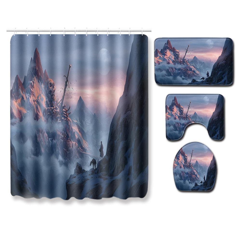 Skull Shower Curtain Floor Mat Combination Four-Piece Set Bathroom Toilet Carpet Shower Room Mat Foot Mat