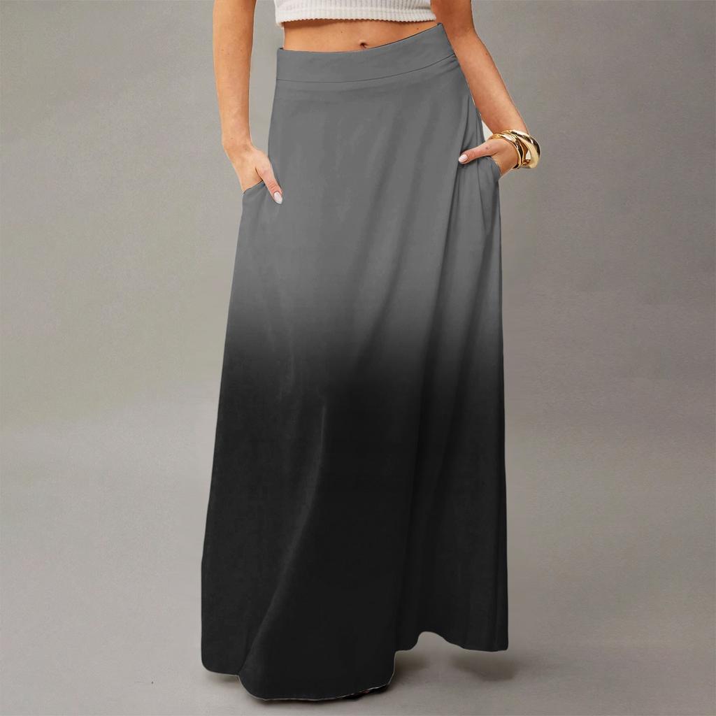 Women's Casual Leisure Foldable Gradient Print High Waist With Pocket Draped  Relaxed Long Maxi Skirt