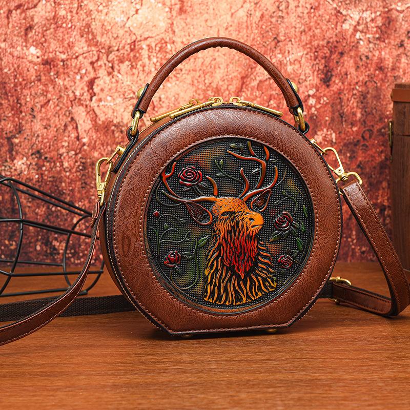 Ethnic Vintage Round Crossbody - Handmade Carved Flower Women's Shoulder Bag Minimalist Texture Commuter Large Capacity Tote Bag