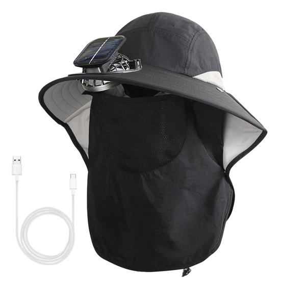 Chapéu de Sol Masculino com Ventilador de Alimentação Dupla Aba Larga Chapéu de Sol com Xale Protetor Facial Chapéu para Pesca Caminhada Jardinagem