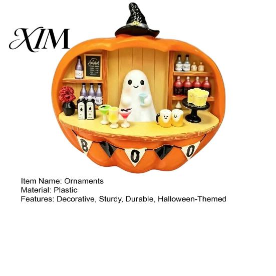 Halloween Theme Room Accents Pumpkin Bar Counter Figurine, Cute Ghost Bartender Mini Holiday Party Atmosphere Props Scene Statue, Desktop Ornament for