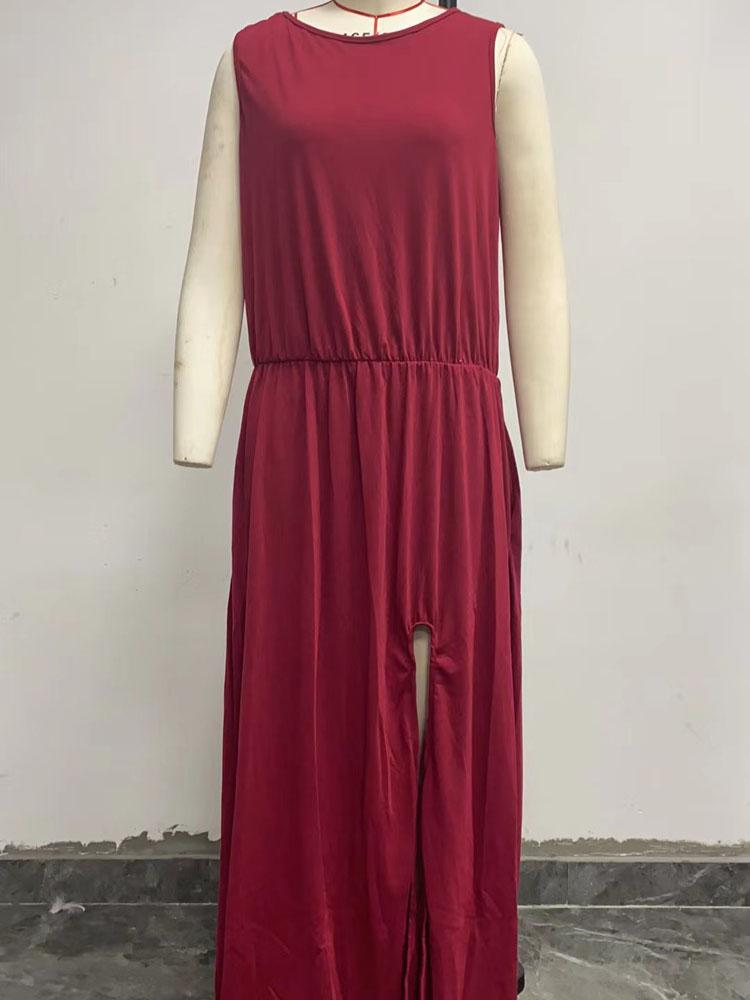 Rundhals Ärmelloses Kleid Schlitz Mehrfarbig Uni Lange Kleider Elegant Und Schön Damenkleider