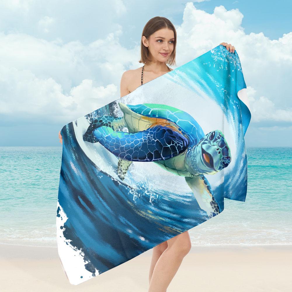 Sea Turtle Tribal Print Beach Towel Microfiber Quick Dry Absorbent Lightweight Blue Ocean Wave Towel for Beach Pool Vacation