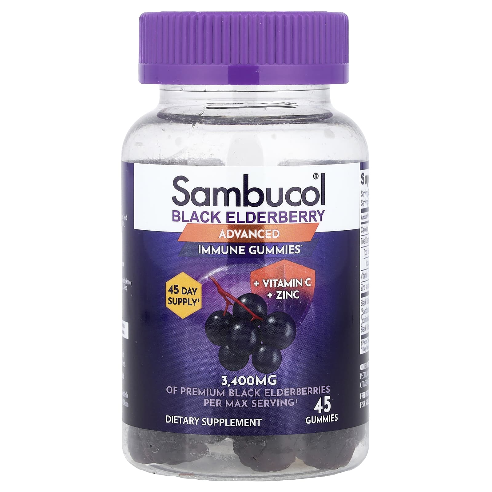 

Black Elderberry, Immune Boosting Gummies + Vitamin C + Zinc, 45 Gummies