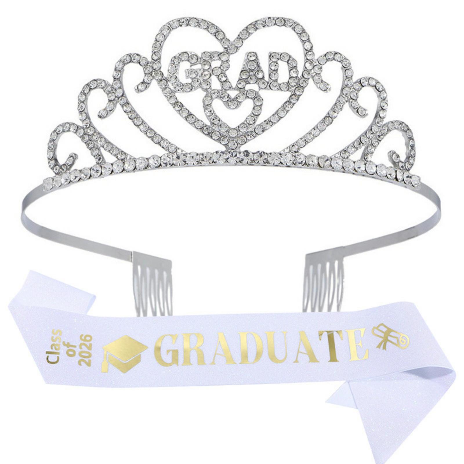 

New Model Graduation Party Set - Crown Shoulder Strap 2-piece Set - Alloy Rhinestone Letter Headpiece One Size срібний