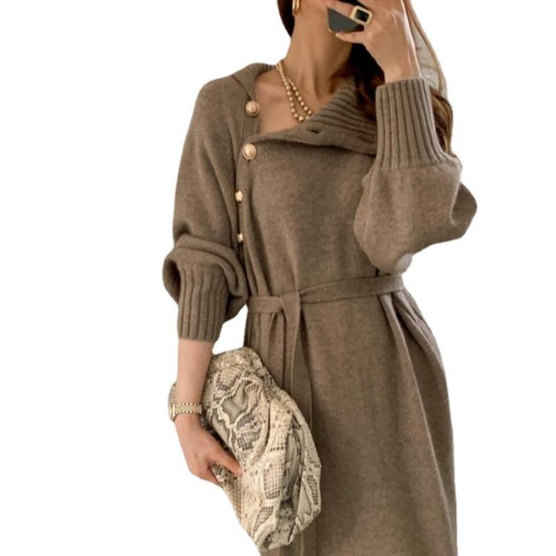 Autumn and winter clothing retro sweater skirt women's loose and thin high neck over the knee two wear lace-up waist knitted dress