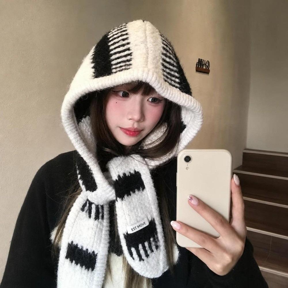 Windproof Winter Knitted Scarf Keep Warm Stripes Hat Scarf Hooded Scarf for Women  Autumn Winter