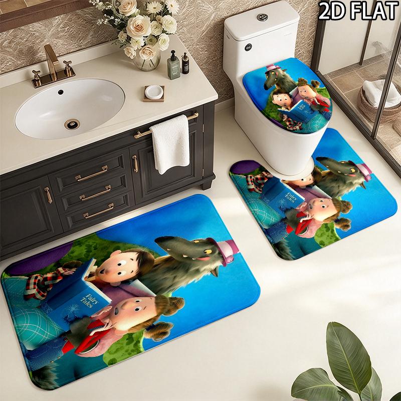 3pcs Revolting Rhymes Pattern Flannel Nonslip Absorbent Washable Decorative Bathroom Home Toilet Seat Cover Mat