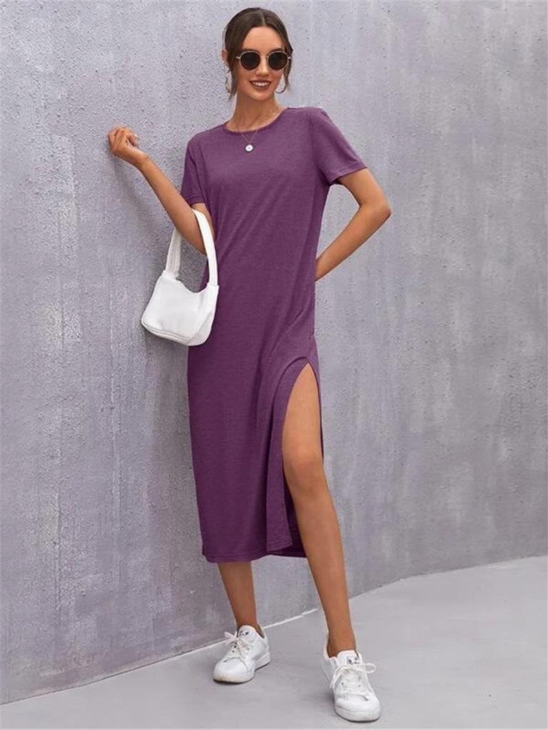 Neues Strick-Kurzarmkleid für Damen Frühling/Sommer mit Rundhalsausschnitt und Schlitzsaum