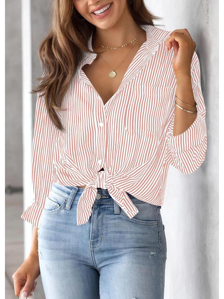 Women's Striped Long Sleeve Collared Button-Down Shirt with Pocket