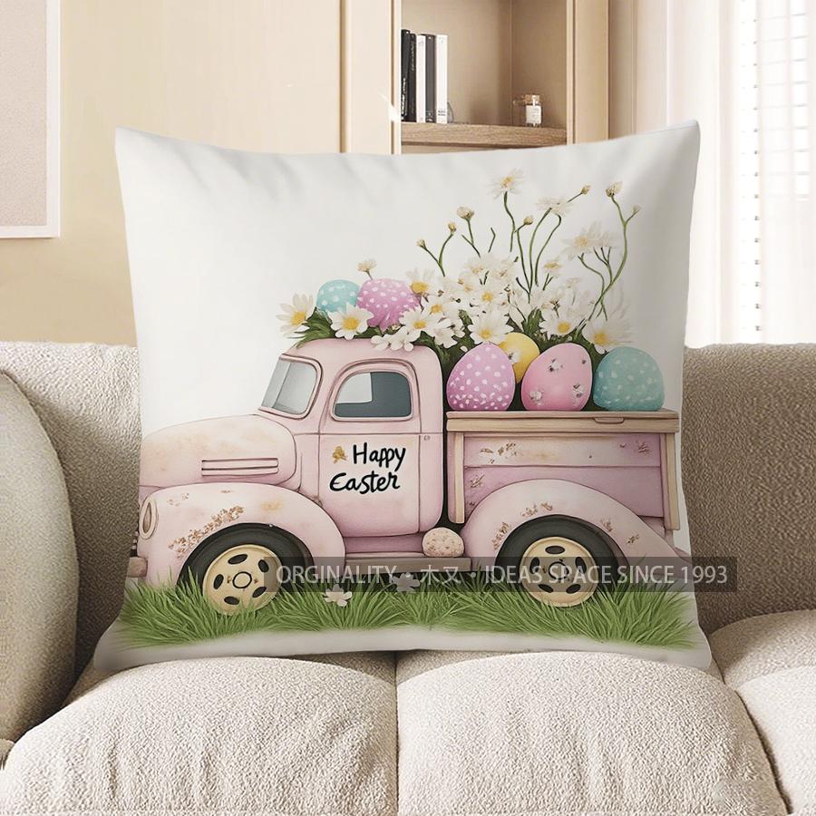 Home Decor Pink Easter Truck With Eggs And Flowers Pattern Cushion Cover Suitable For Sofa Bedroom Car Pillow Cover