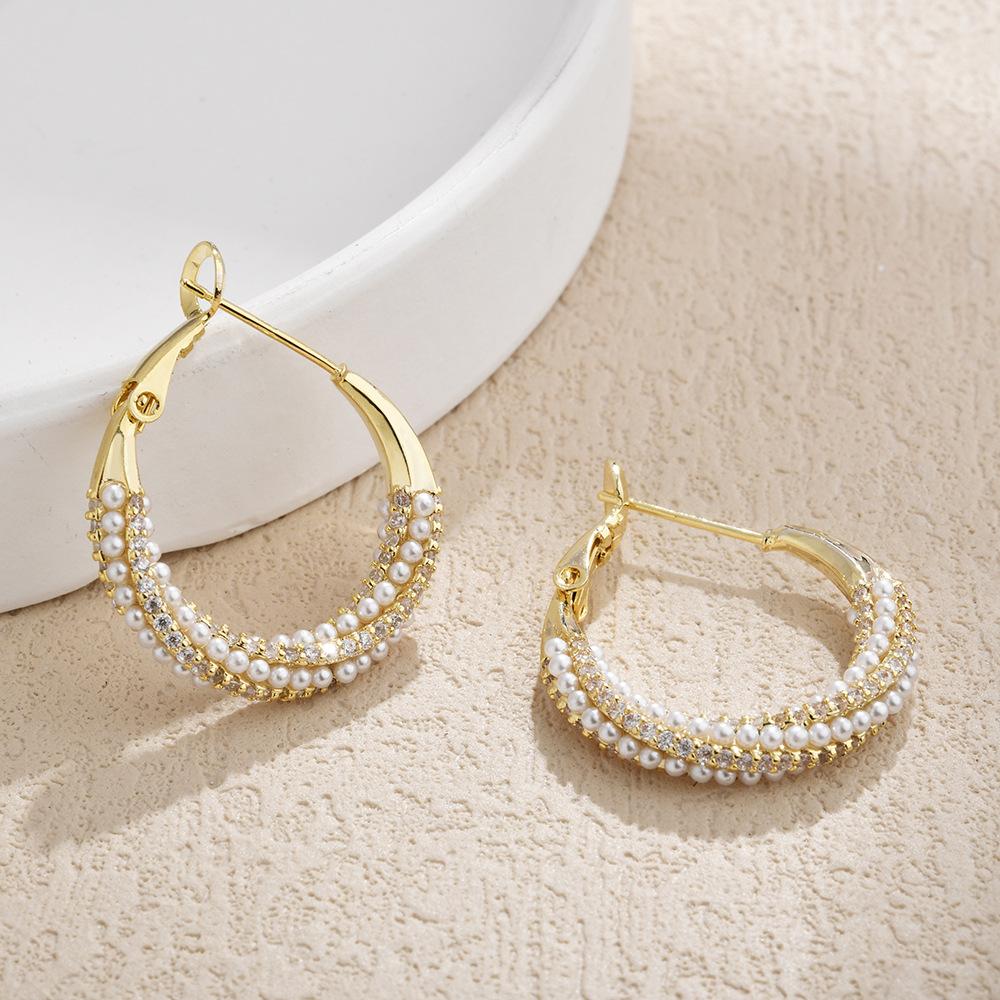 Французские Элегантные Жемчужные Циркониевые Скрученные Серьги-Кольца 14K Позолоченные Роскошные Геометрические Серьги-Застежки для Женщин