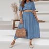 Women's Spring Pleated Solid V-Neck Short Butterfly Sleeve Ankle-Length High Waist Dress