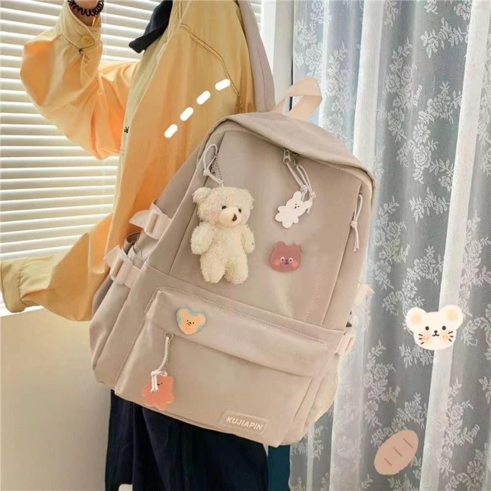Large Capacity Solid Color Backpack Bear Pendant Shoulder Bag Portable Students School Bag  School