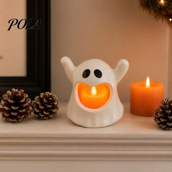 Safe Indoor Halloween Light Ghost Candle Holder with LED Candle, Cute Tea Themed Home Decor Holder, Spooky Tabletop Decoration for Decor, Holiday