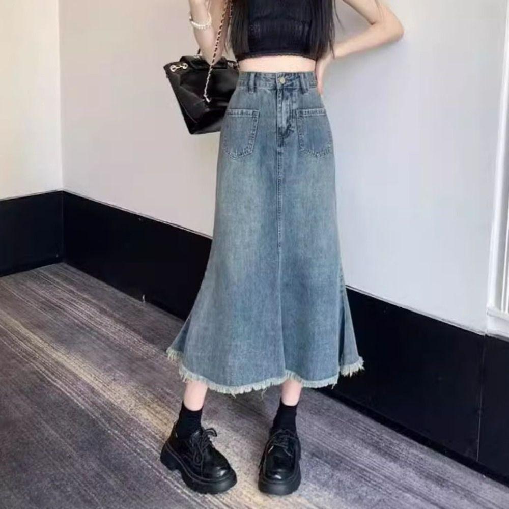 Retro Denim Skirt Women High Waist A-line Half Dress Fashion High Waist Long Skirt  Beach